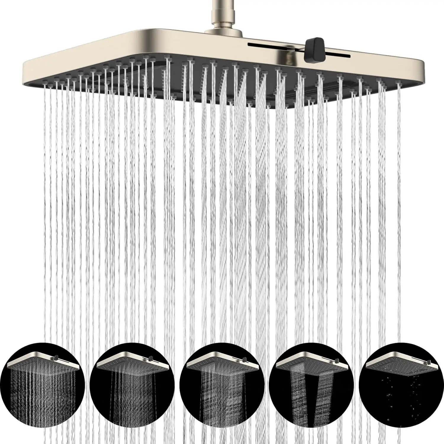 

13'' High Pressure Rainfall Shower Head with 5 Spray Modes, Adjustable Swivel Ball Joint, Brushed Nickel Finish