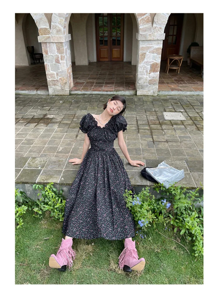 レトロな花柄プリント、パフスリーブとウエストシェイプのVネックロングAラインスカート、女性用サマーシーズンハイウエスト