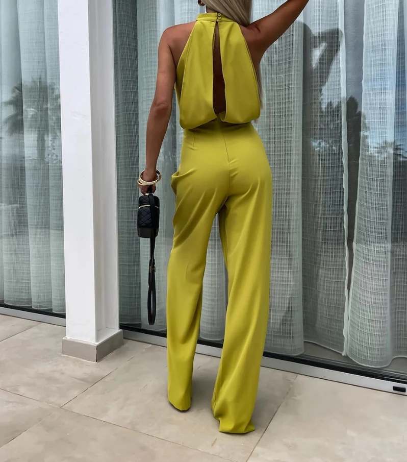 Women's Jumpsuits 2024 Summer Hollow Out Half High Collar Hollow Out Solid Jumpsuit Patchwork Slim Backless Lady Sexy Rompers