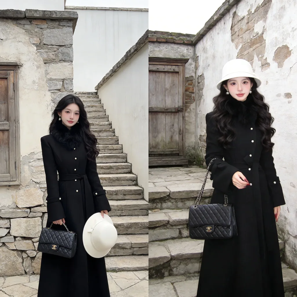 

Элегантное длинное шерстяное пальто Slim Fit в стиле Хепберн с одной пуговицей, меховым воротником и декоративными элементами из утолщенного полиэфирного волокна для женщин