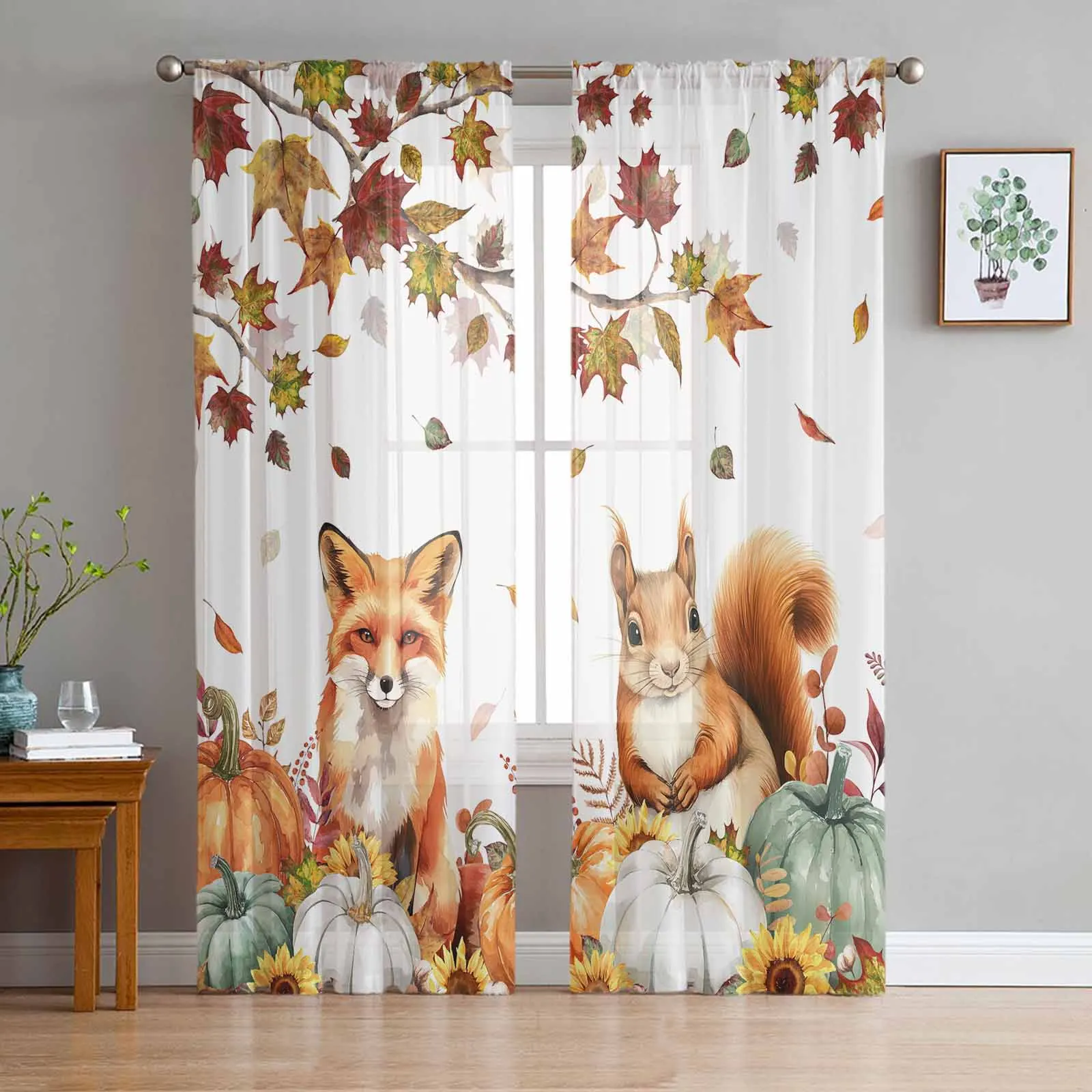 

Autumn Maple Leaf Pumpkin Fox Squirrel Tulle Curtains for Living Room Sheer Curtain for Bedroom Kitchen Blinds Voile Curtains