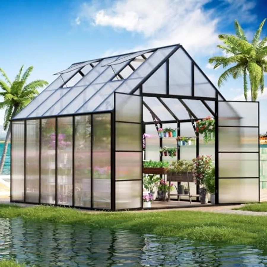 

Outdoor Large Aluminum Heavy Duty Polycarbonate Greenhouse Kit 12x10x10 FT Green with 2 Windows Swing Door Walk-in Sunroom for