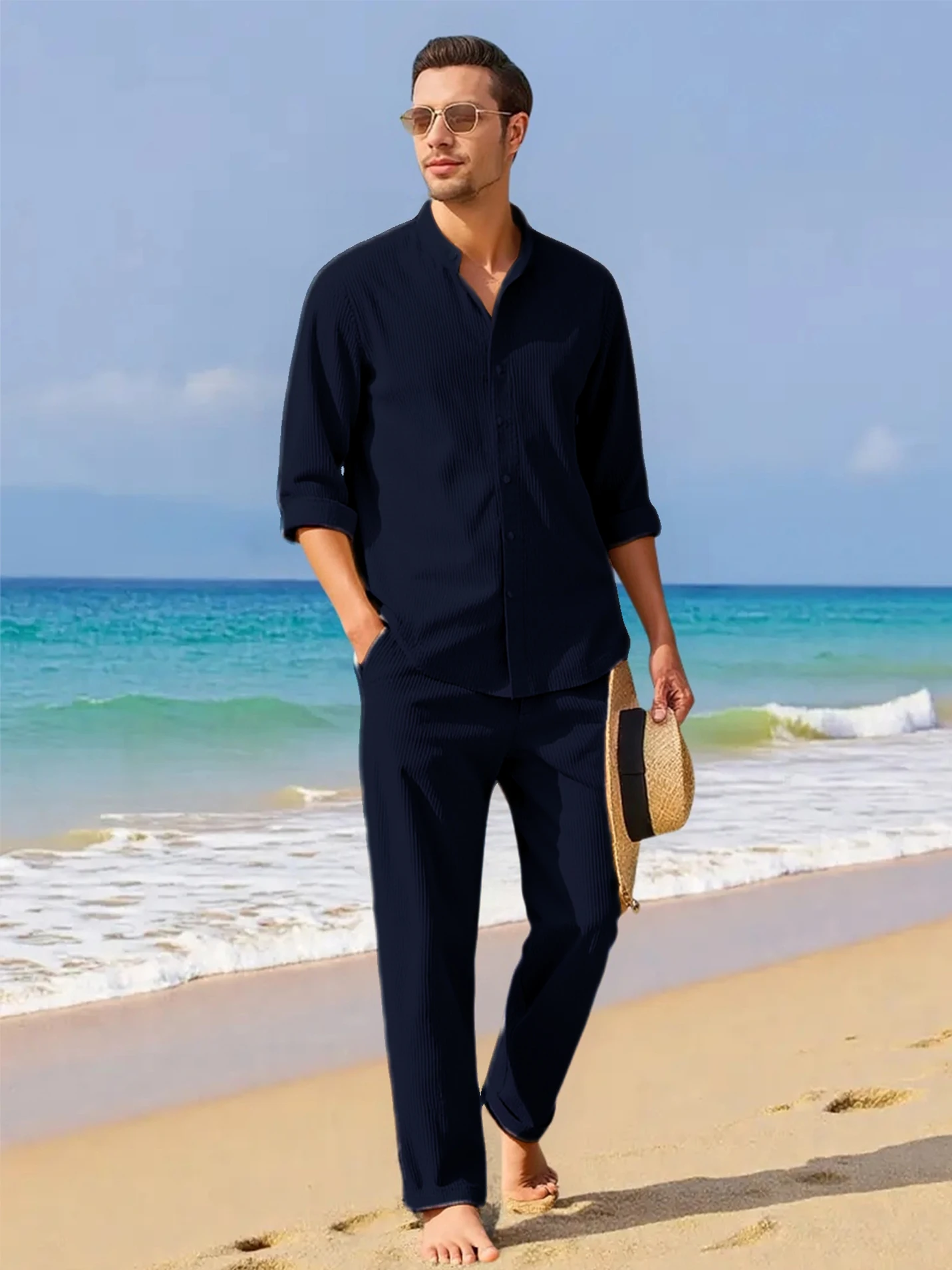 

Men's Deep Blue Nano Stripe Fashion Shirt Set Autumn New Natural Drape Anti-Wrinkle Suitable for Various Occasions