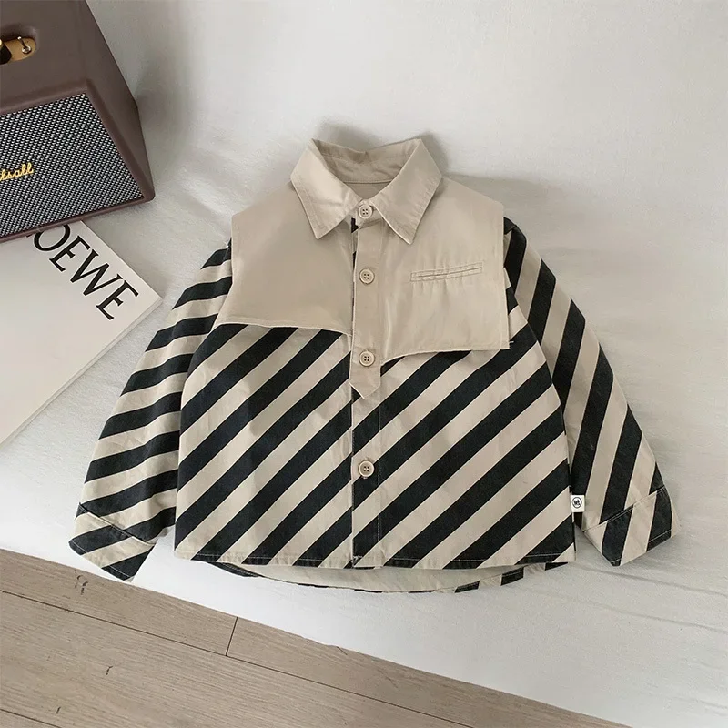 2023 Early Spring New Children\'s Clothing Korean Style Irregular Shirt Boys Handsome Stitching Striped Shirt