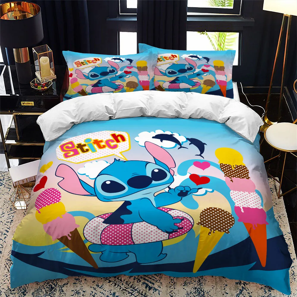 Disney Cartoon Stitch Cute Bedding Set Deadpool Soft Polyester Printed Three Piece Set Children Adult Double Bed Full Size