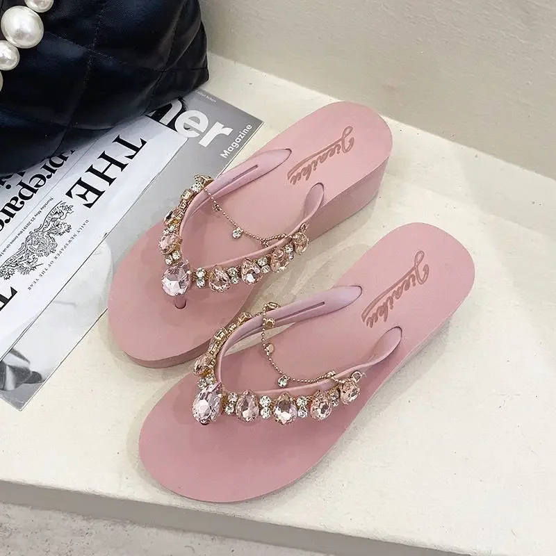 Scarpe pantofole da donna e sandali da donna cristalli diapositive sulla spiaggia al di fuori di Rhenstone infradito spessi Open Toe gioielli rosa G