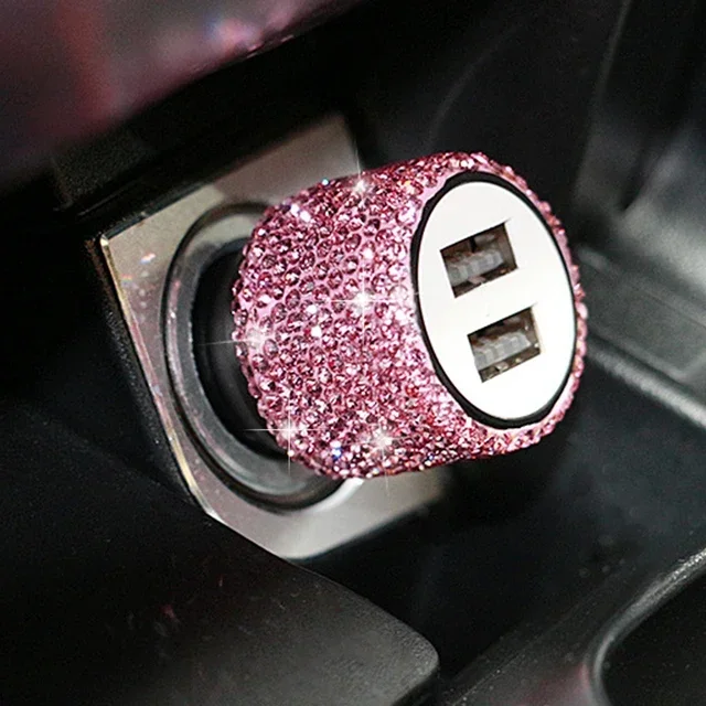 Nieuwe Bling USB Autolader 5V 2.1A Dual Port Snelle Adapter Roze Auto Decor Auto Styling Diamant Auto accessoires Interieur voor Vrouw