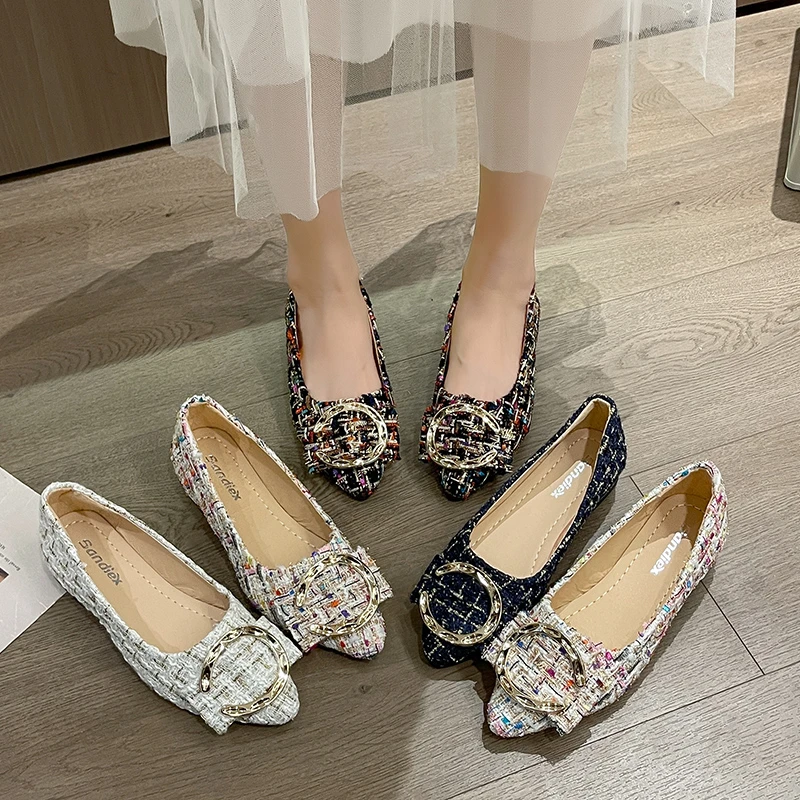 2025 New Fashion Women's Low Heels Shoes Pointed Toe Comfortable Shoes Metal Decoration Shallow Mouth Breathable Women's Shoes