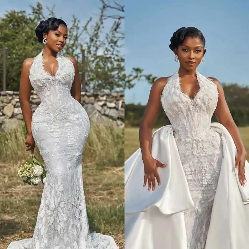 

Exquisite Lace Appliques Mermaid Weddiing Dresses Halter Neck Bridal Gowns Detachable Train Vestidos De Novia Customized