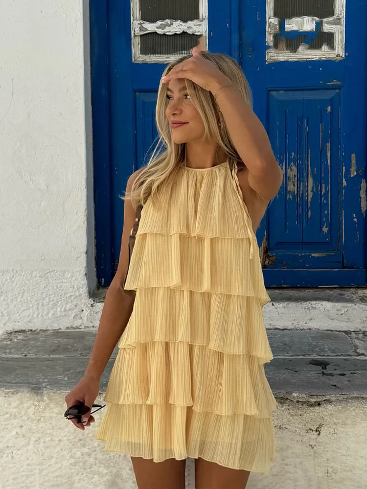 HH Estate delle Donne Nuovo Popolare Dolce Laminato Decorativo Halter Neck Abito Femminile di Classe Sexy Backless Mini Abito Senza Maniche