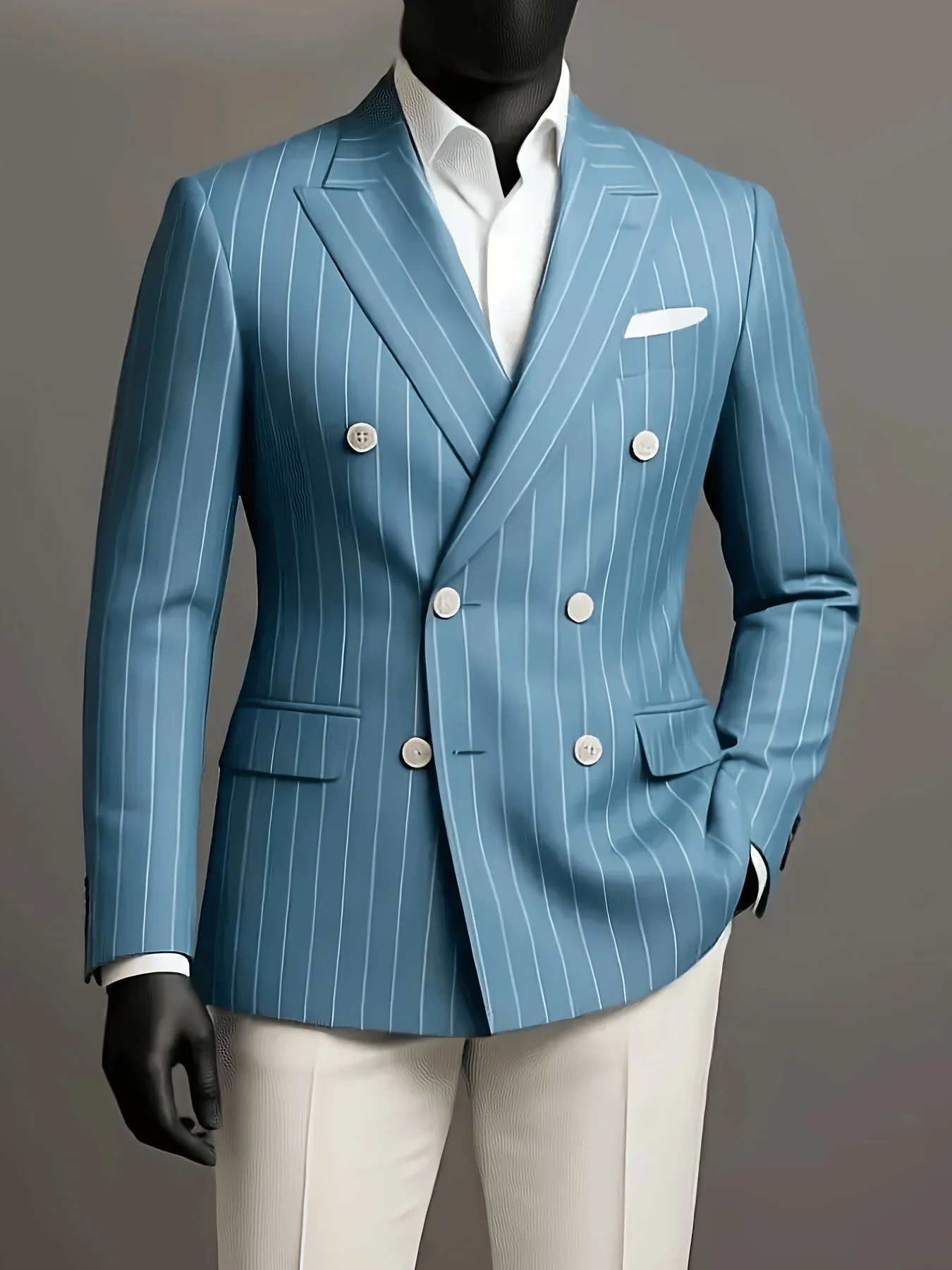 Men Sky Blue Pinstripe Blazer Double Breasted Peak Lapel Slim Fit Striped Suit Jacket Wedding Business Formal Party Mens Coat