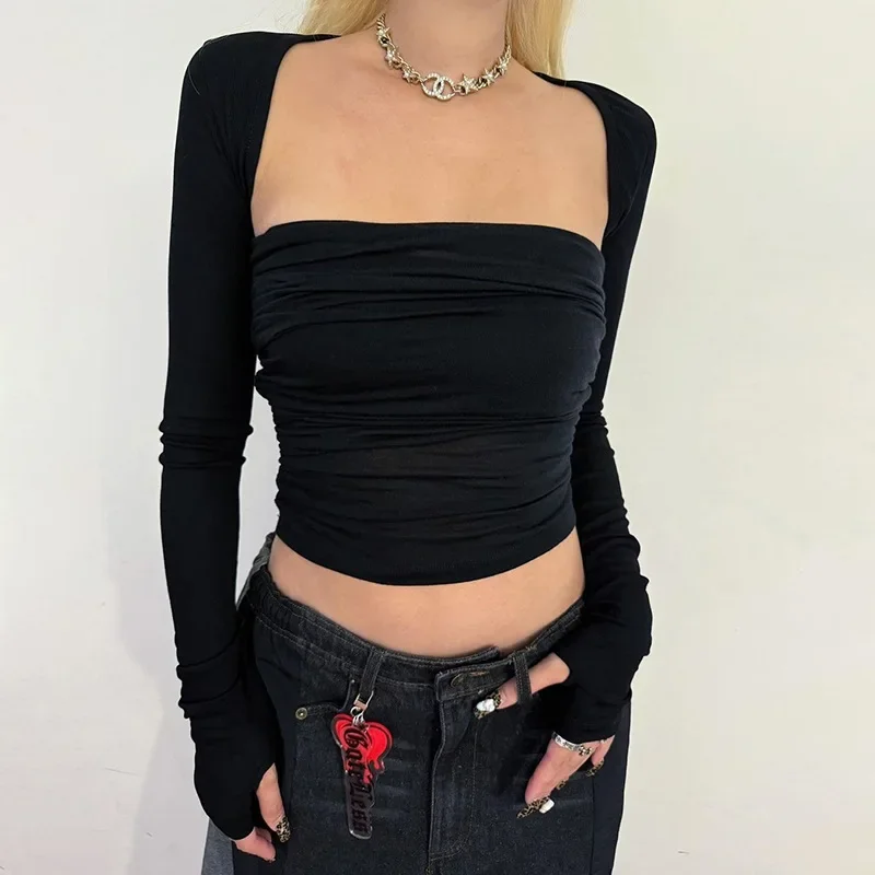 Fashion Trend 2024 Summer Women's New Sexy Pure Desire To Bare Shoulder Pleated Chest Vest Long Sleeve Blouse Two-piece Blouse