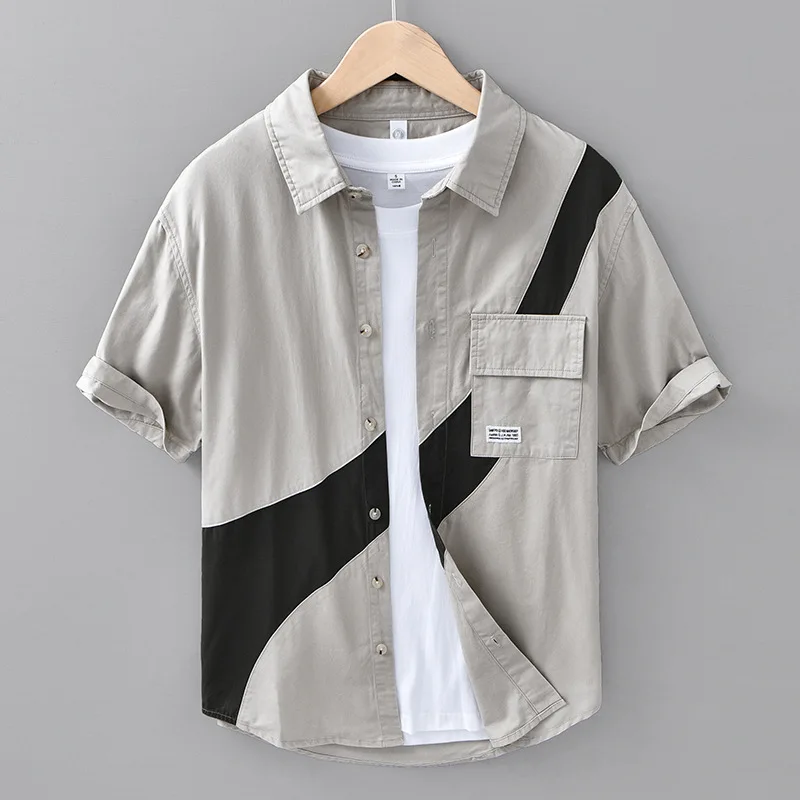 

Patchwork Contrast Color Shirts Man Summer Japan Fashion Cargo Shirt Men Loose Pure Cotton Short Sleeve Top Youth Causal Shirt