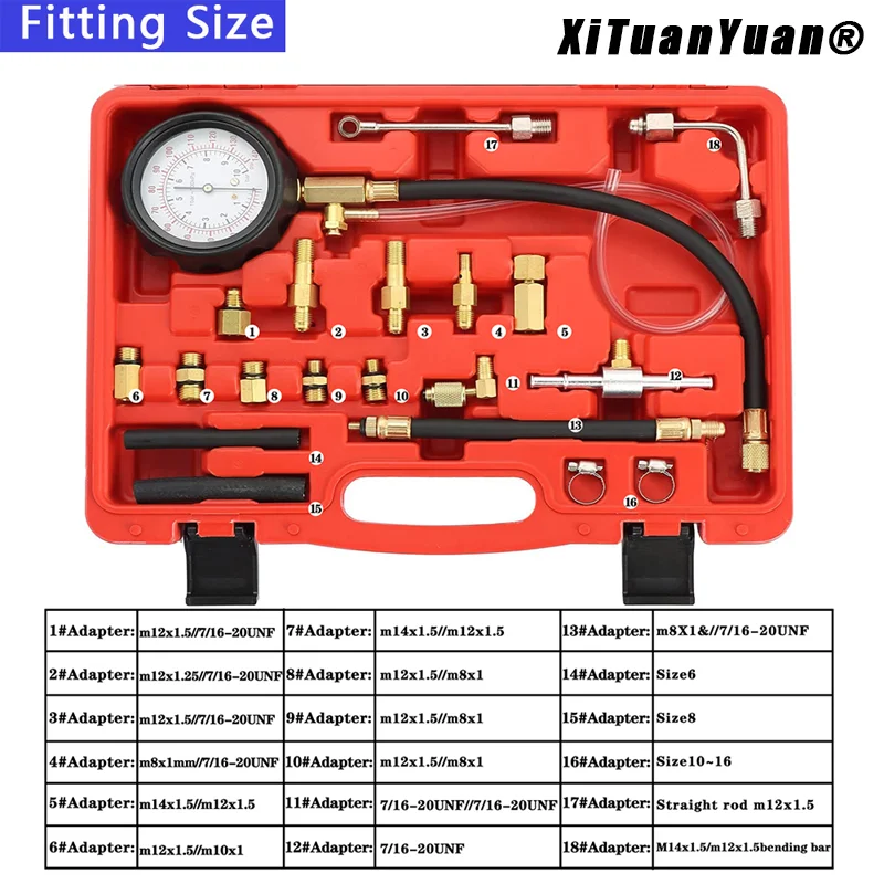 0-140PSI Fuel Injection Pump Pressure Tester Gauge Diagnostic Tools Kit,Engine Gasoline Tester Tool Set For Most of Cars(TU-114)