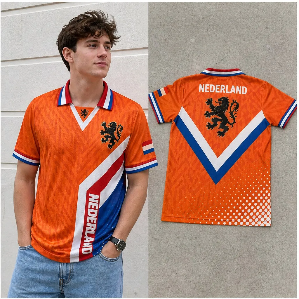 Mens Nederland Chevron Stripe Lion Graphic Semi Polo V Neck T Shirt Short Sleeve Casual Orange Dutch Pride Jersey Top Casual Fit