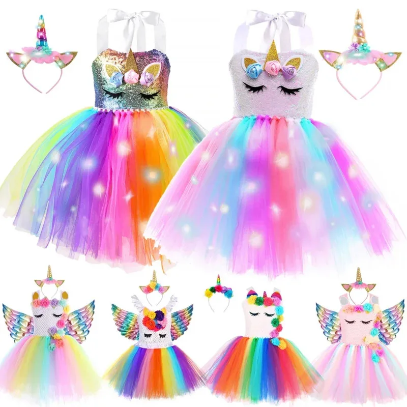 

Unicorn TUTU Dress Princess Girls Shiny Children Cartoon Clothing with LED Glowing Wings Headband Stage Costume for Girl Party