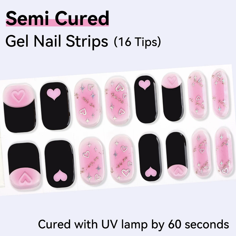 16 Tips Valentijnsdag Semi-Geharde Gel Nagelstickers Lijm Waterdicht Langdurige Volledige Dekking Gel Nagelstrips UV Lamp Nodig
