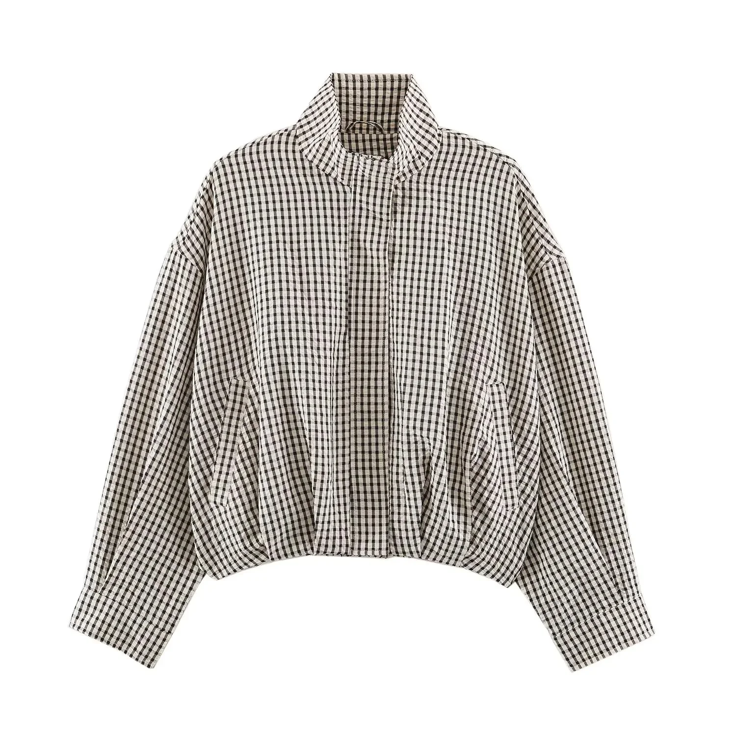 BSAY Autumn Women Plaid Er Jacket Stand Collar Zip Up Cropped Jacket Long Sleeve Elastic Hem Loose Casual Check Outerwear