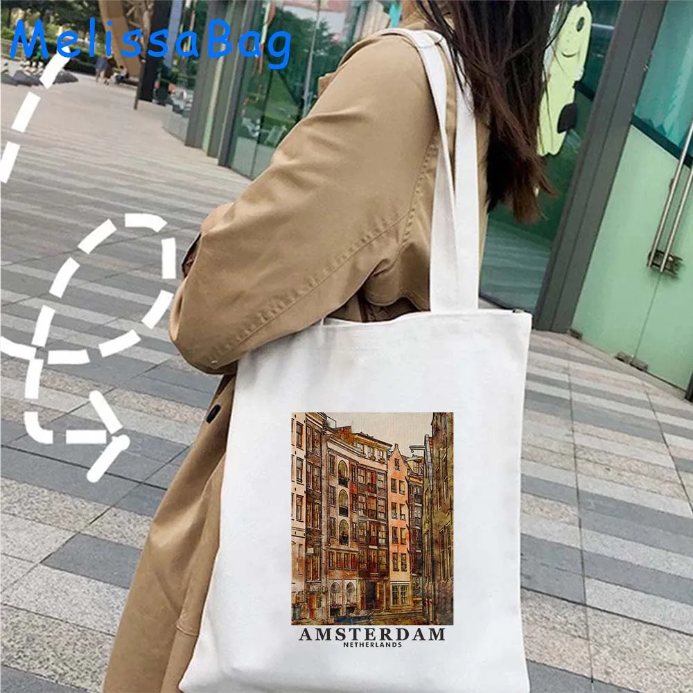 Amsterdam New York Munich Florence Rome Budapest Santorini Vatican Venice Athens Architectural Painting Canvas Tote Bag Handbags