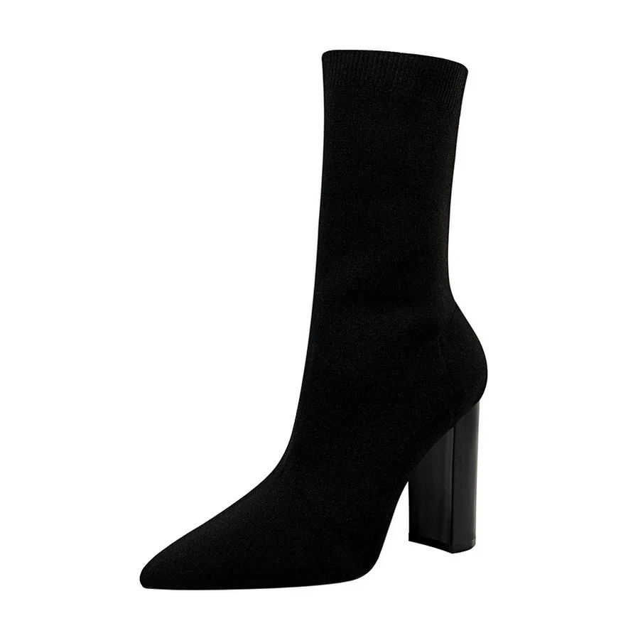 

New Fashion Wind Autumn/winter Style Simple Coarse High Heel Pointed Sexy Nightclub Look Thin Knitted Short Boots Women Pumps