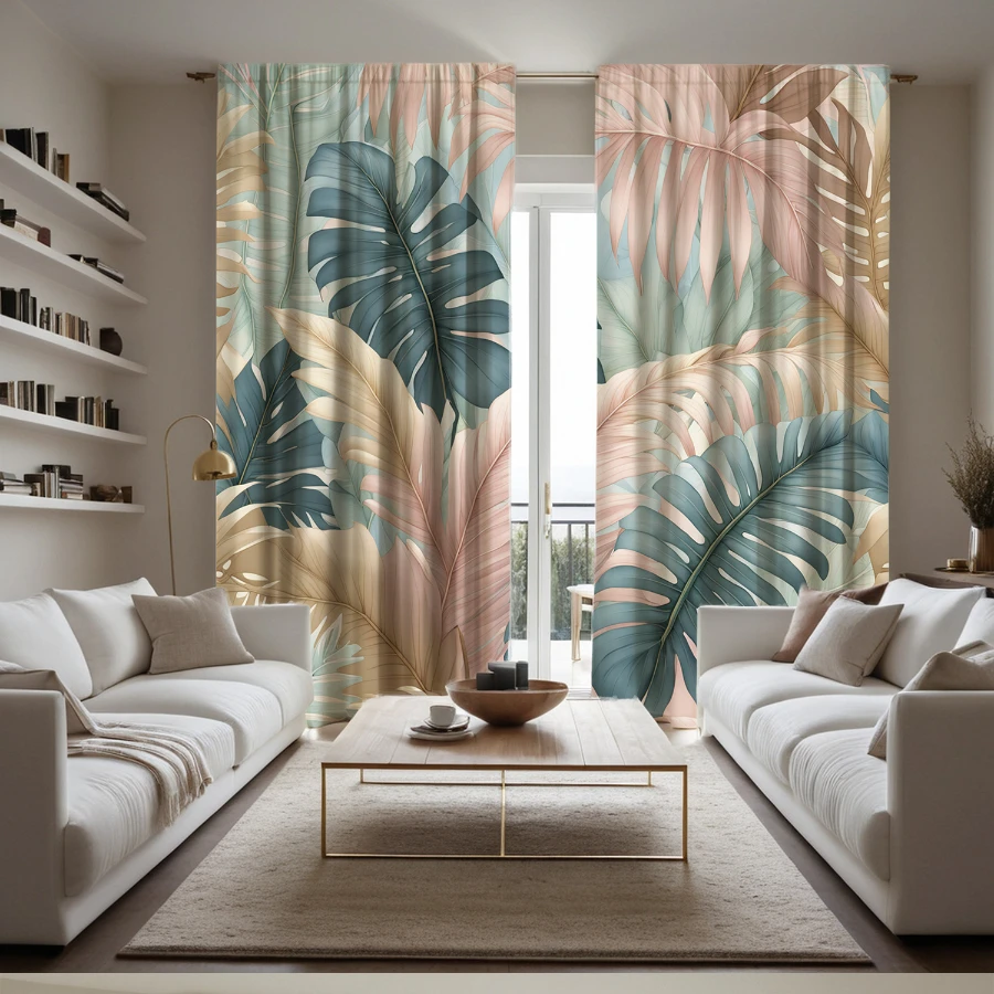 2PCS Digital Print Curtains, Pink Teal Palm Leaves, Tropical Two Tone Decor Botanical Summer Plant Fresh Living Drapes