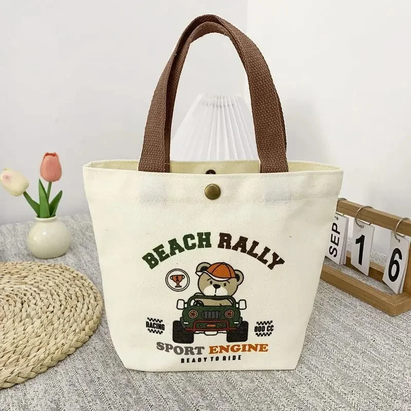 Cute Bear Canvas Mini Handheld Tote Bag Women Portable Lunch Bag Small Student School Handbag Ideal Gift Bag image 5