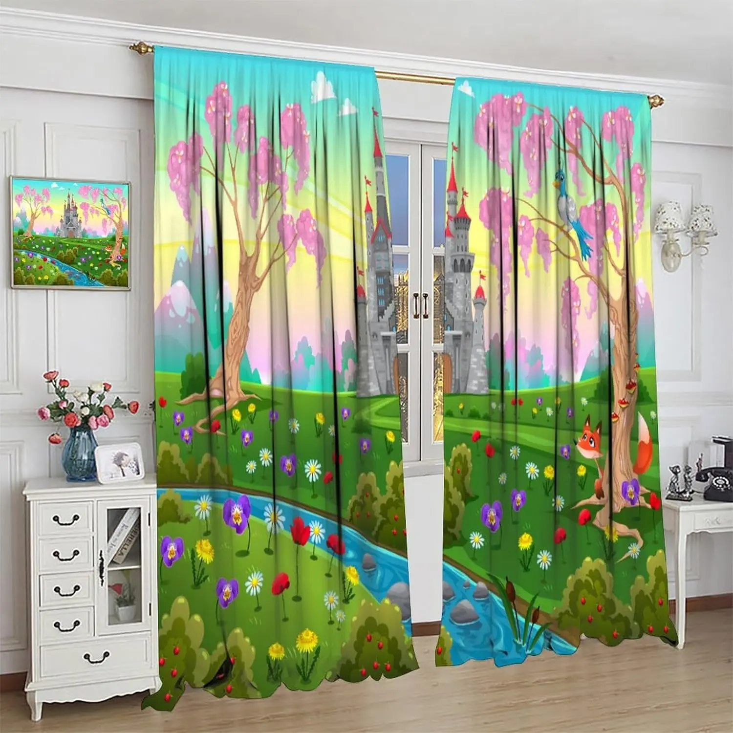 Cartoon Curtains, Fairytale Themed Royal Castle Scenery in A Floral Garden Fantasy World Blossoming for Girls Boys Living Room