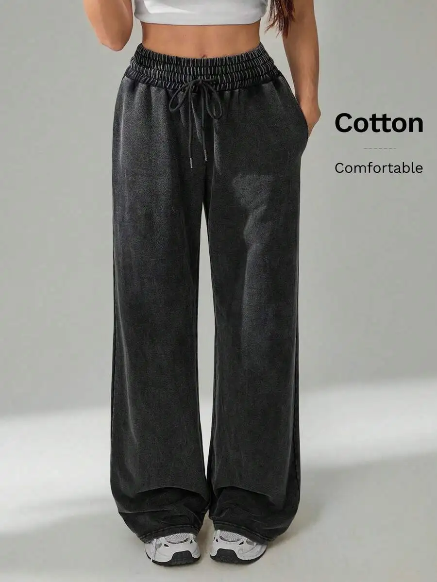 

Black Snow-Washed Cotton Knitted Wide-Leg Sweatpants for Women
