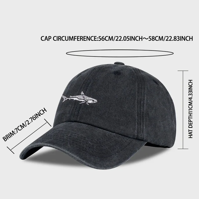 MLFO Shark Embroidered Pre-Washed Baseball Cap: Summer Wide-Brim Cap, Spring Casual Cap, Outdoor Sun Hat, Fishing Cap