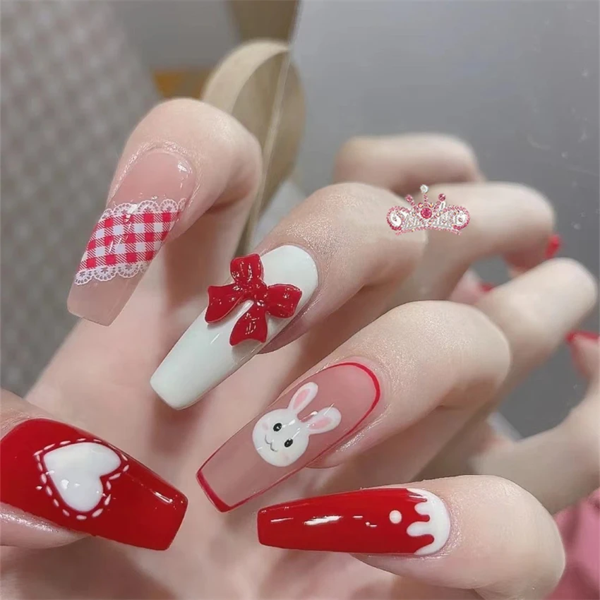 Dicas de unhas postiças com corrente de estampa de leopardo, capa completa, adesivo, branco, longo prego falso, pressione as unhas, outono, conjunto 24pc