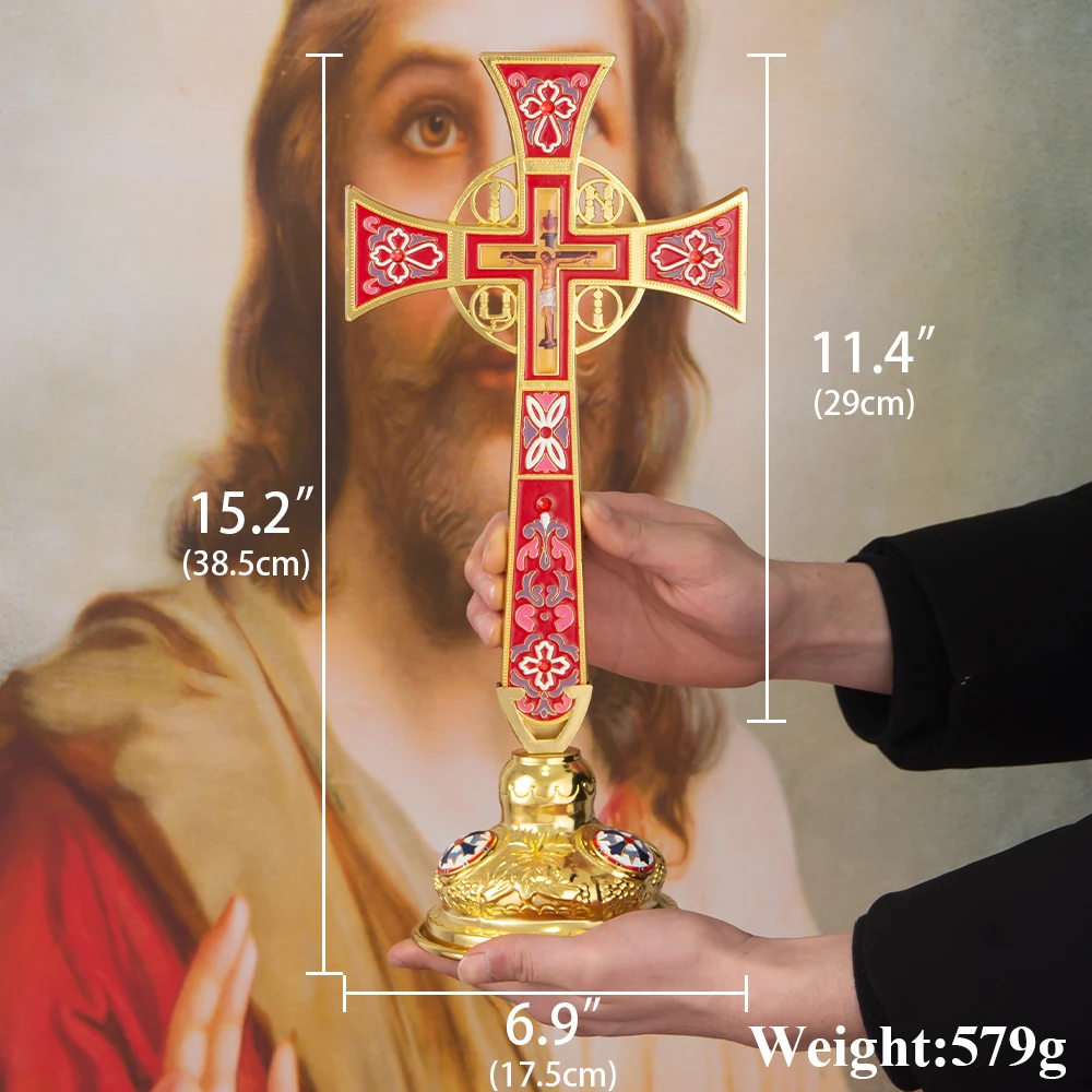 HTISOK Orthodoxes Altarkreuz im Byzantinischen Stil, Vergoldet, Emailliert, Stehendes Jesus-Kruzifix zur Kirchendekoration, Orthodoxes Kreuz – Detail 1