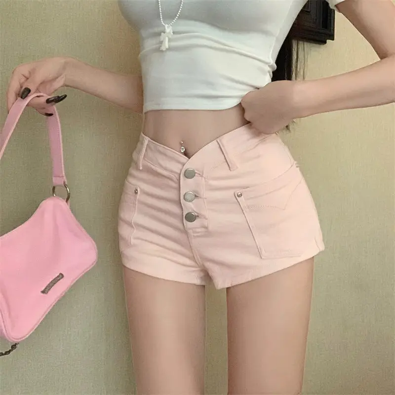 

Pink Denim Shorts Women's Summer High Waisted Tight Fitting Sexy Button Jeans Hot Pants