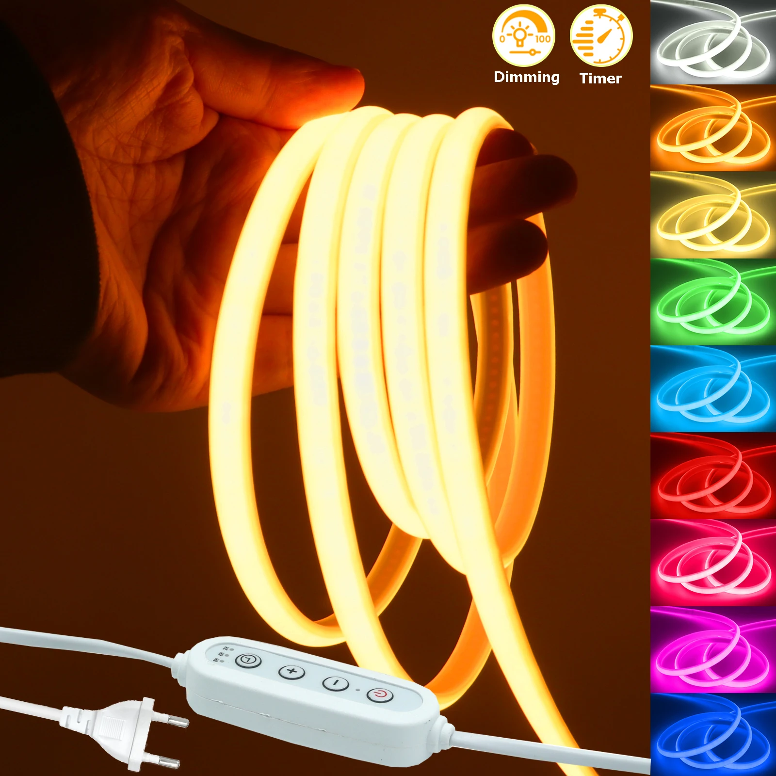 220 В светодиодная лента COB с регулируемой яркостью и таймером, неоновая светодиодная лента европейского стандарта, 288 светодиодов/м, водонепроницаемая, белая/синяя/красная/зеленая для кухни