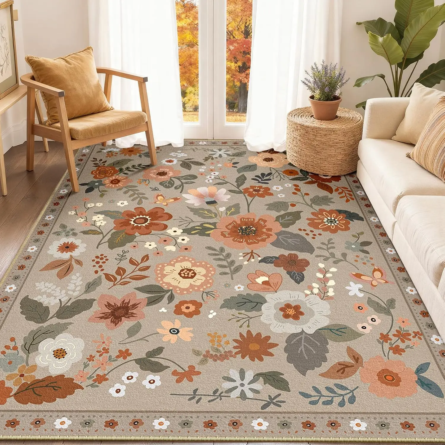 Washable Brown Brick Floral Area Rug, Boho Cute Non Slip Print Carpet, Soft Farmhouse Rug for Living Room Bedroom Kitchen