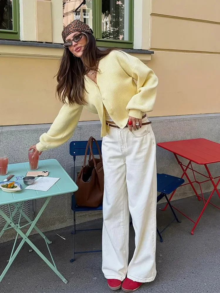 

Yellow Single Breasted Knitted Cardigan Women Casual Full Sleeve Round Neck Sweater Coat Lady Daily Commuting Office Cardigans