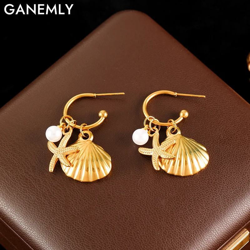 GANEMLY 316L Edelstahl Mode Strand Elemente Metall Shell Seestern Stud Ohrringe Mode Sommer Urlaub Schmuck Wasserdicht