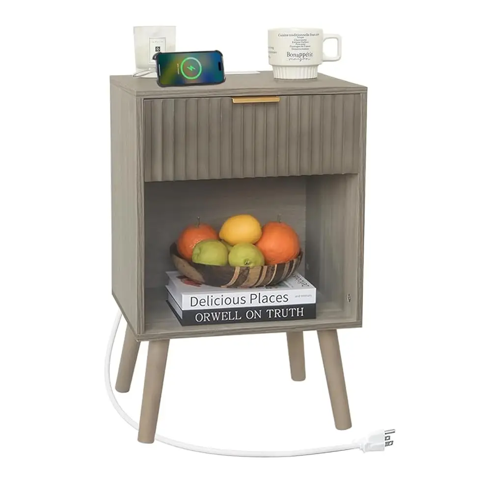 

Grey Wood Nightstand With Charging Station, Modern Bedside Table With Fluted Drawers And Storage Shelf, End Side Tables Living
