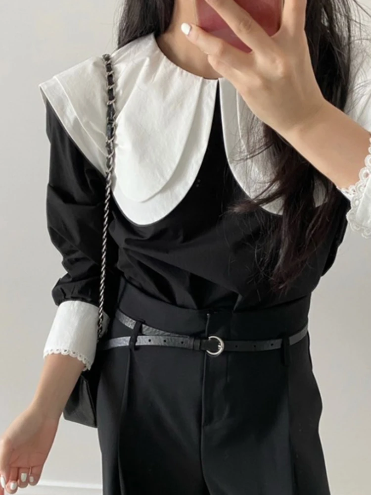 

Elegant Sweet Contrasting Doll Neck Pullover Shirt Loose Casual All Match Long Sleeve Top Women 2024 Spring Autumn X734