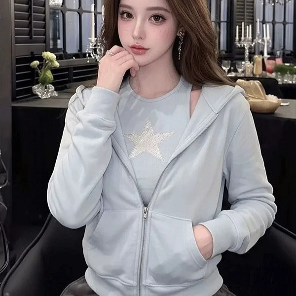 Sweet And Spicy Style Hooded Long Sleeve Cardigan Women's Star Print Halter Top Two-Piece Set Comfortable Knitted Thin Model