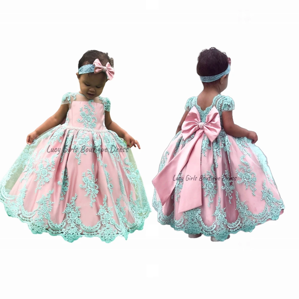 Flower Girls Dress Luxurious Lace Applique Pink Lace Bow Princess Short Sleeve Kids Party Birthday Gowns Evening Dresses