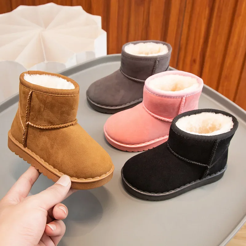 New Boys Girls Winter Fleece Warm Stitched Snow Boots Kids Casual Anti-slip Cotton Shoes Baby Soft-soled Casual High-top Boots