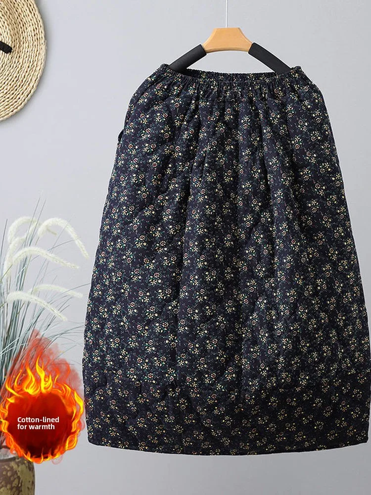 

Thiened Cotton f-length A-line Skirt Floral Print Warm Winter Women's Loose Fit Midi Skirt for plus Size Pear aped Body
