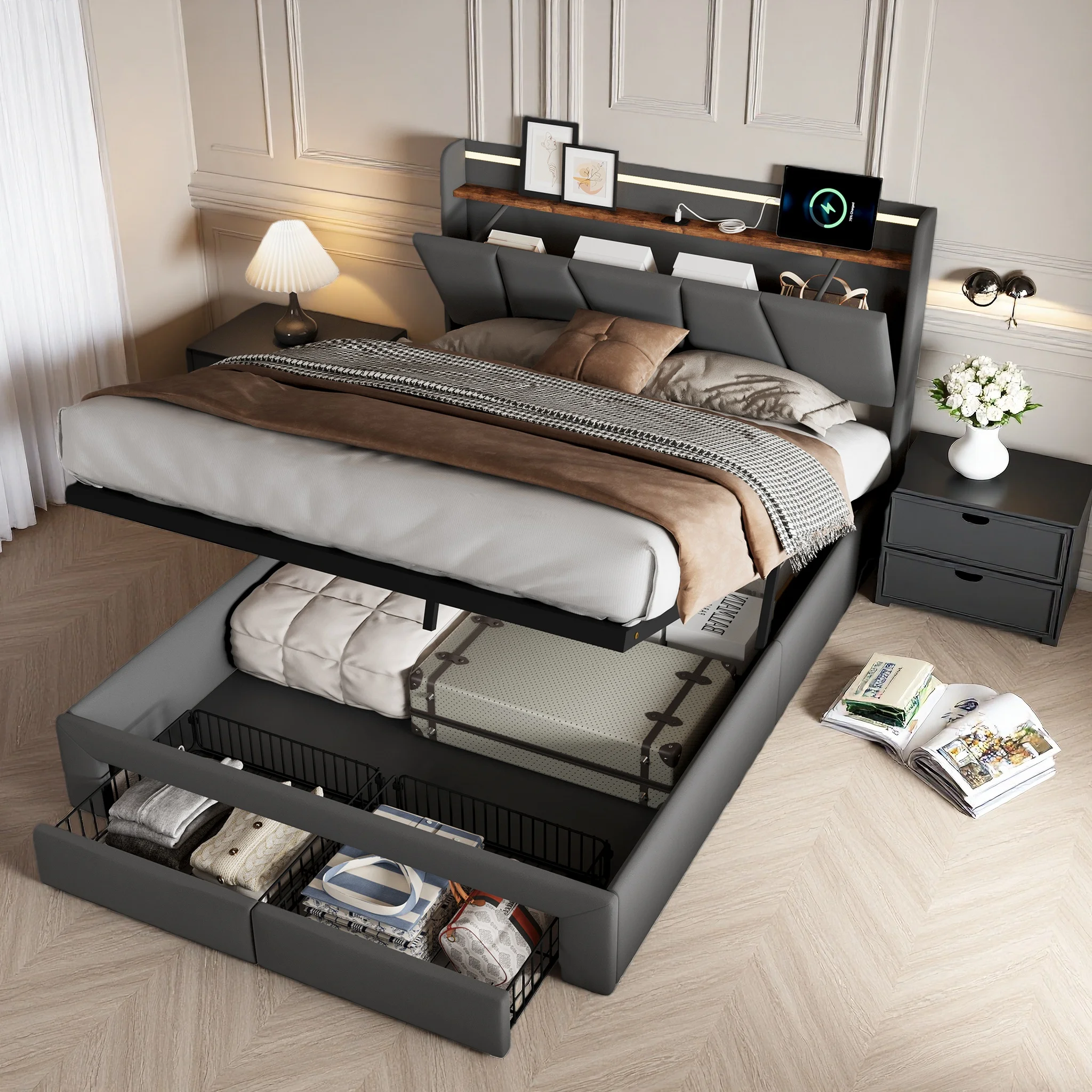 Cama Doble Fangang con LED y USB, 140 x 190 cm, Cama con Almacenamiento Hidráulico y Base de Láminas, PU, Negra, Colchón No Incluido