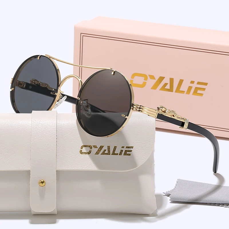 

Роскошные круглые солнцезащитные очки Oyalie, высококачественные темные линзы с темными линзами на золотых деталях, очаровательное золотое украшение в стиле ретро, вечный дизайн