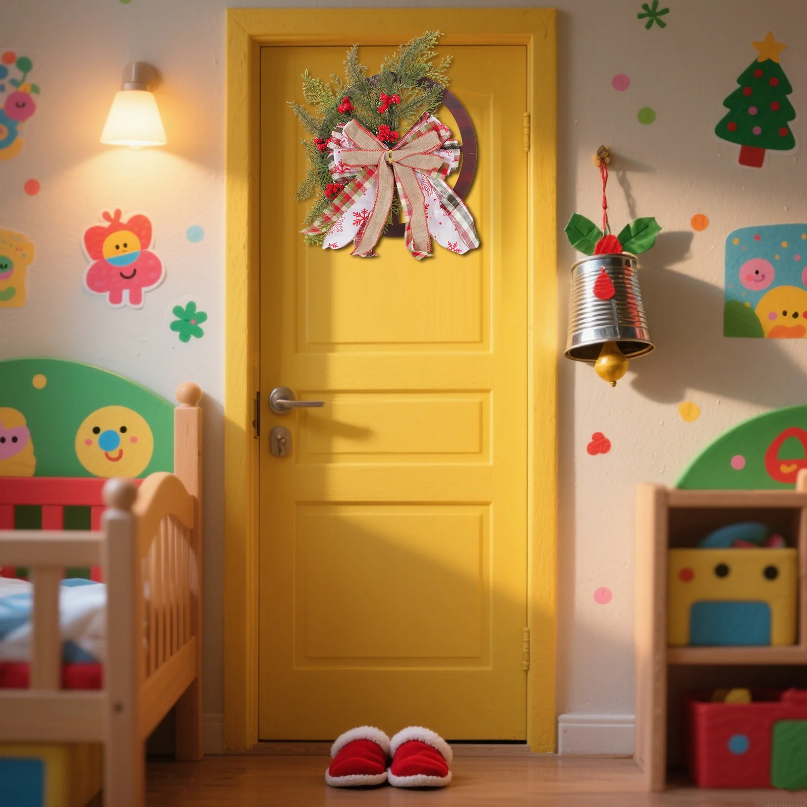 

Festive Christmas Wreath Wooden Wheel Base Reusable Holiday Door Decor with Simulated Greenery for Indoor Outdoor Spaces