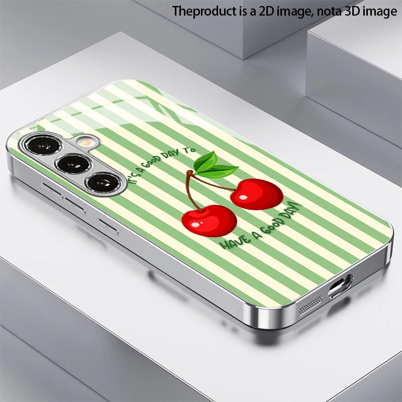 Cherry Stripe Pattern 2D Phone Case for Samsung S26 S25 S24 S23 S22 S21 S20 A56 A36 A16 - Electroplated Glass Protective Cover