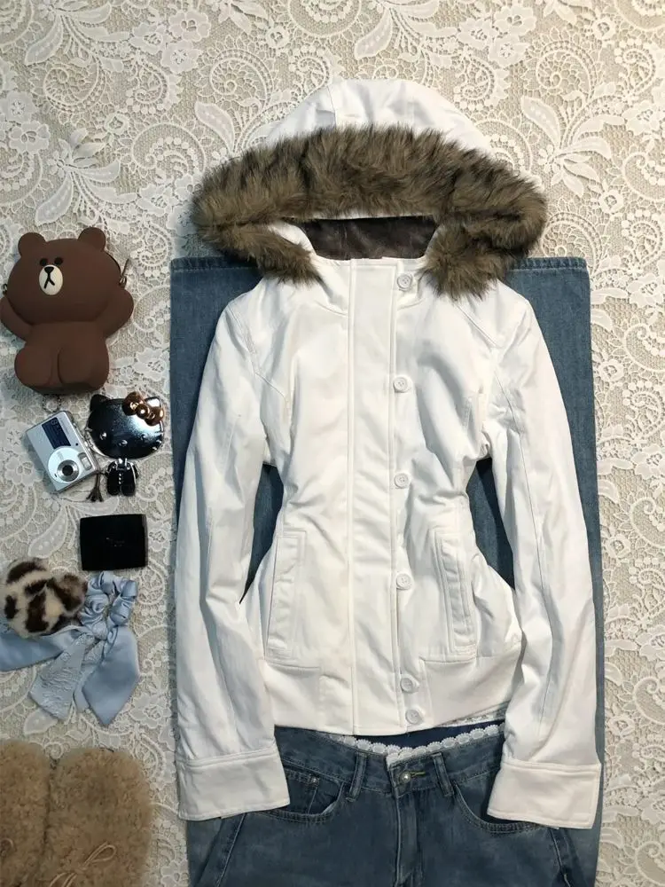 

Winter Women's Faux Fur Hooded Jacket American Retro Short Coat Cropped Waist-Tying Plush Tops Fashion Outwear