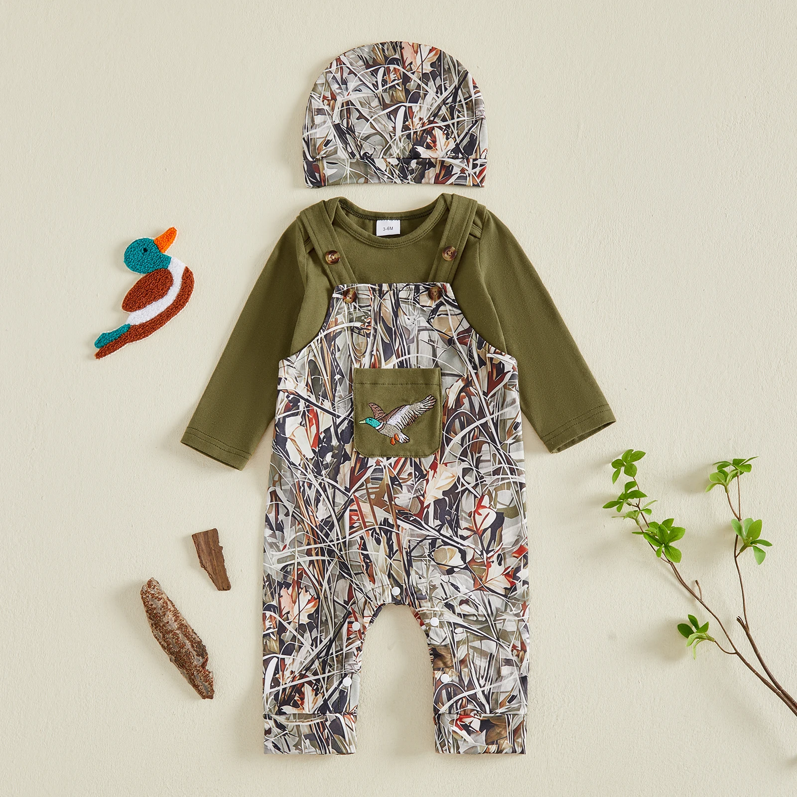 Baby Boy Fall Outfit Solid Long Sleeve Romper Duck Overall Pants and Hat Cute Boys Autumn Clothing Set 3pcs