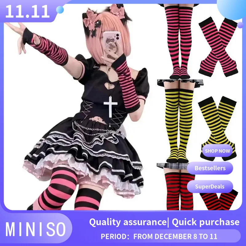 2pair/Set Halloween Cos Socks Women Over Knee Long Stripe Socks Girl Arm Sleeve Gloves Christmas Cosplay Striped Socks Gloves