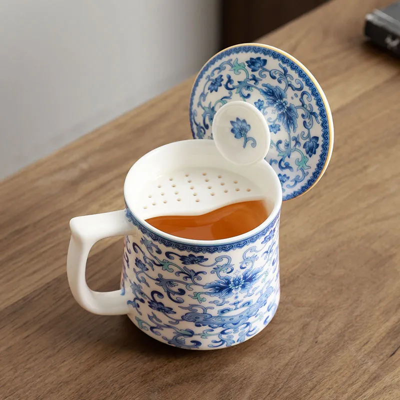 Chinese Style Pattern Crescent Moon Filter Ceramic Teacup, Household Personal Office With Cover Mug Tea Steeping Cup, 300ml, 1Pc